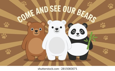 Three cute cartoon bears including a brown bear, polar bear, and panda stand together in front of a sunburst background.
