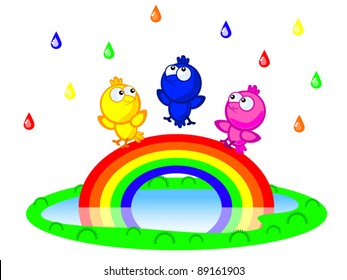 Three Cute cartoon bird sitting on a rainbow. There is a colorful rain. Children vector scene of bright colors.