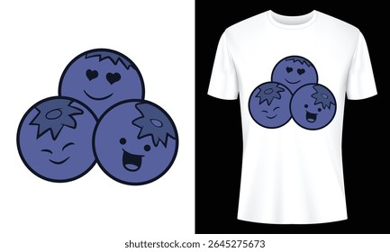 Three cute cartoon blueberries with happy faces perfect for apparel prints. Fun fruit design suitable for kids and adults. Vector illustration.