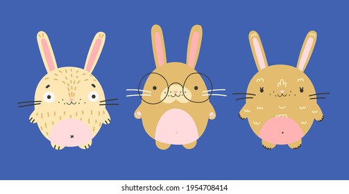 Three cute cartoon bunnies isolated on blue background. Children’s cartoon vector illustration. Easter funny rabbits.
