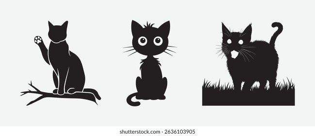 Three Cute Cartoon Cat Silhouettes in Various Poses