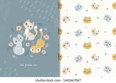 Three cute cartoon cats playing on the grass. Card and seamless background pattern. Hand drawn fabric surface design vector illustration.