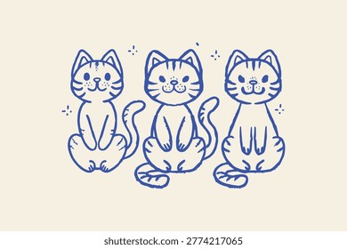 Three cute cartoon cats sitting together with kid friendly animal illustration cat illustration kitten pet animal drawing graphic