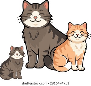 Three cute cartoon cats sitting together. Happy feline family illustration on white background.