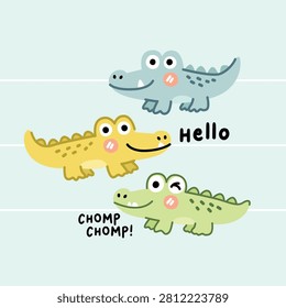Three Cute Cartoon Crocodiles Saying Hello and Chomping Illustration 