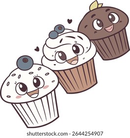 Três bonitos bolinhos de desenho animado com cobertura de mirtilo.