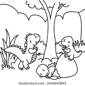 Three cute cartoon dinosaurs enjoying a playful day in a prehistoric forest. One dinosaur is on a rock, another stands near bushes, and a third rests on the ground.