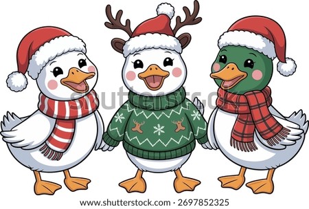 Three cute cartoon ducks wearing Santa hats and scarves, one with reindeer antlers and a festive sweater, celebrating Christmas.