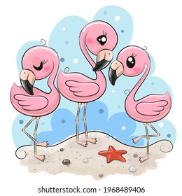 Three cute cartoon flamingos on the beach