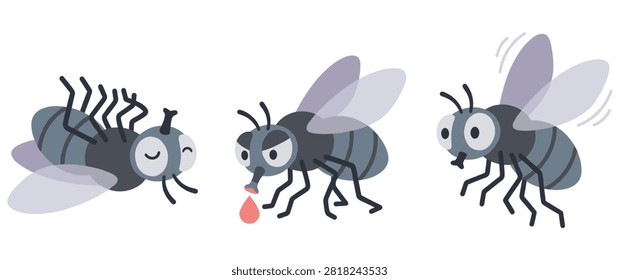 Three cute cartoon fly characters depicted in varied poses including sleeping upside down eating something and buzzing about vector illustration design set.
