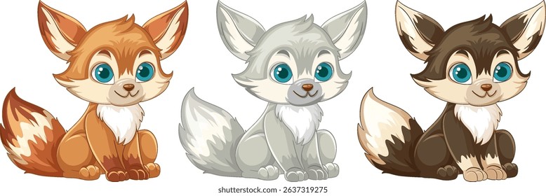 Three cute cartoon foxes in orange, gray, and brown. Bright eyes, fluffy tails, and a playful style enhance their charm