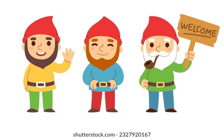 Three cute cartoon garden gnomes. Standing, waving, holding "Welcome" sign. Funny characters vector illustration set.