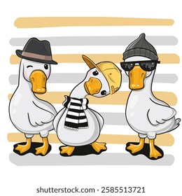 Three Cute cartoon Geese with accessories on a striped background