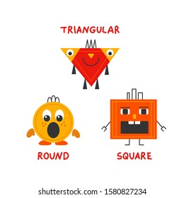 Three cute cartoon geometric figures - round funny yellow character with surprised, open-eyed. Orange square. Red smiling triangular. Learning forms, shapes, colors. Kindergarten tasks for kids. 