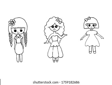 Three cute cartoon girls, little Princess girl. Vector illustration. Coloring page.