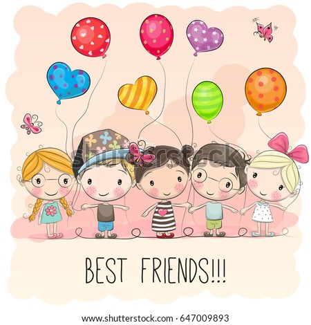 Three Cute cartoon girls and two boys with balloons