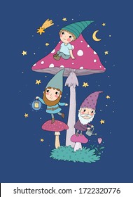 Three cute cartoon gnomes. Forest elves. Fairy tale characters.