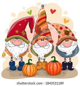 Three Cute Cartoon Gnomes with two pumpkins