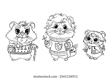 Three cute cartoon hamsters dressed in sweaters and accessories, standing in a group. Black and white line art illustration for coloring book. Family or friends concept.