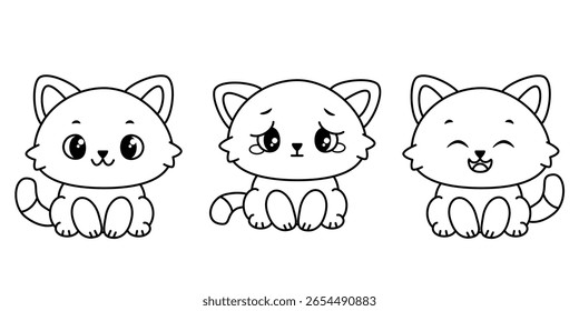 Três gatinhos de desenhos animados bonitos com expressões faciais diferentes. Sorrindo, chorando, feliz. Gatinhos kawaii siameses sentados em fileira sobre fundo branco. Adequado para livros de colorir crianças. Vetor