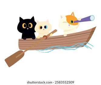 Three cute cartoon kittens are sailing in a boat. Vector illustration.