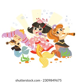 Three cute cartoon mermaids musicians. Vector cartoon illustration in flat style isolated on a white background. For print, design, poster, sticker, card, decoration and t shirt design