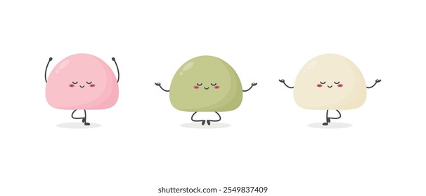 Three cute cartoon mochi characters doing yoga. Japanese sweet rice cake dessert. Vector illustration