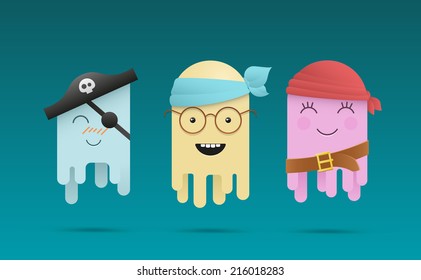 Three cute cartoon octopuses in pirates costumes. EPS10 vector illustration.
