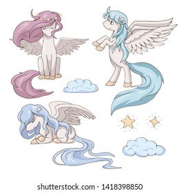 Three cute cartoon pegasi, clouds and stars. Isolated objects on white background. Decor elements for gift card and kids products. Vector illustration. Light pastel сolor palette.
