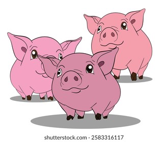 Three cute cartoon pigs smiling happily in a group