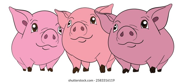 Three cute cartoon pigs smiling happily in a group