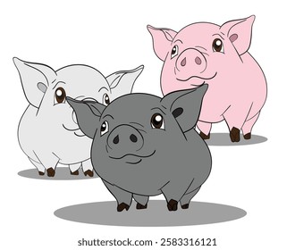 Three cute cartoon pigs smiling happily in a group