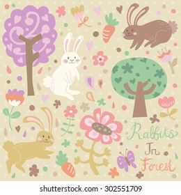 Three cute cartoon rabbits in the forest with trees and flowers, vintage style in vector
