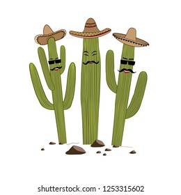 Three cute cartoon Saguaro cactus in sombrero. Friends forever concept. Vector illustration