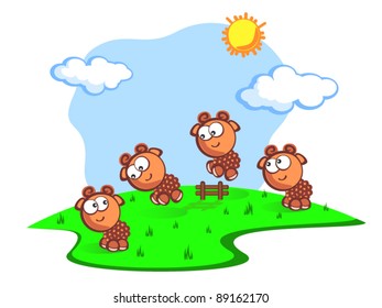 Three Cute cartoon the sheep jump through fence. Children vector scene of bright colors. Consider the sheep to fall asleep quicker. The Fun.