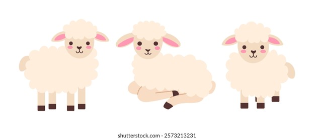 Three cute cartoon sheep are sitting in different positions. The first sheep is standing, the second is laying down, and the third is sitting. The sheep are all smiling