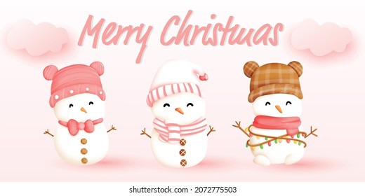 Three cute cartoon snowman character for banner background.they are adorable for christmas card in pink theme or sweet design.they are wearing hats and watercolor style.