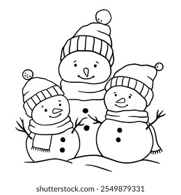 Three cute cartoon snowman family in hat and scarf. Black contour on white background. Outline drawing. Line vector illustration. Isolated on white background. Good for posters, t shirt, postcards.