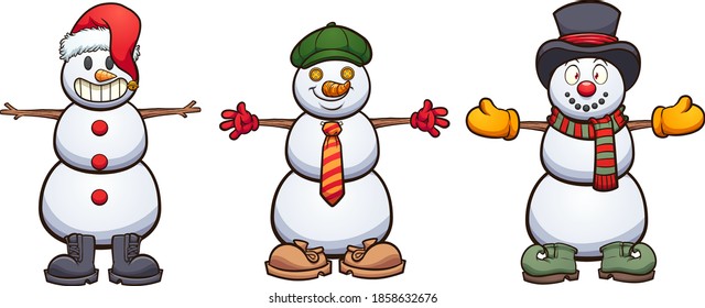 Three cute cartoon snowmen with different items of clothing. Vector clip art illustration with simple gradients. Some elements on separate layers. 
