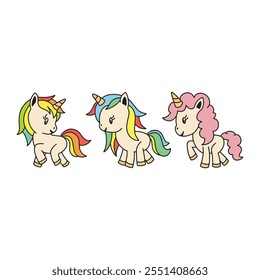 Three cute cartoon unicorns with colorful manes and tails in a whimsical style on a white background.