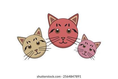 Three cute cat faces in a cartoon style with different sizes and colors, including beige, red, and pink. Simple and minimal design on a white background.