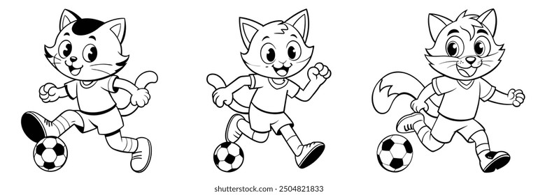 Three cute cat playing football cartoon on white background. Coloring page for kids