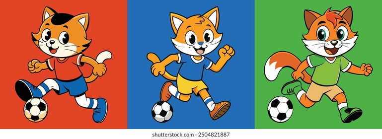 Three cute cat playing football cartoon on white background. Animal cartoon vector illustration