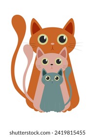 Three cute cats with big eyes of red, pink and blue colors together isolated on a white background for holiday cards for World Cat Day. Vector.
