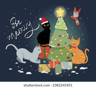 Three cute cats and the bird decorating Christmas tree outdoors on a snowy evening. Vector holiday illustration