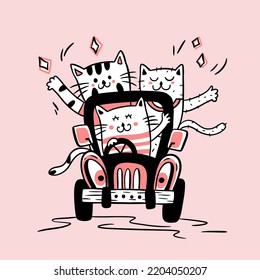 	
Three Cute Cats With A Car Illustration