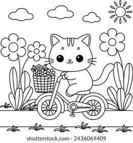 Three cute cats are cycling in the park coloring page.