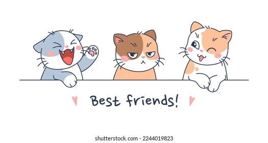 Three cute cats with different emotions and lettering best friends