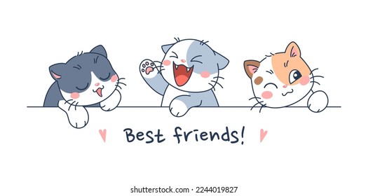 Tres lindos gatos con diferentes emociones y mejores amigos