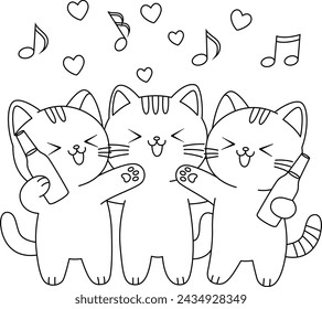 Three cute cats are drinking beer to celebrate coloring page. Doodle cartoon style.